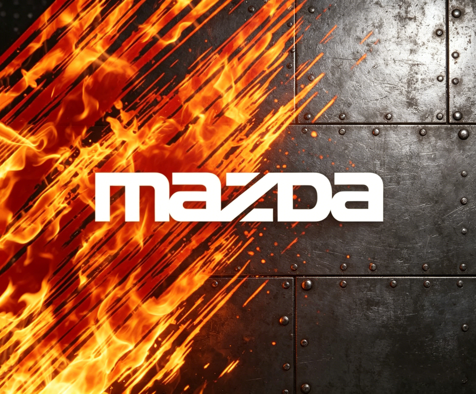 Mazda brand logo on flame‑textured background for mechanical supercharger upgrade