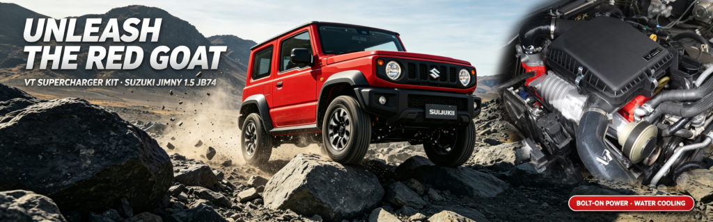 Red Suzuki Jimny JB74 1.5L VT Supercharger Kit off‑road banner, bolt‑on performance upgrade with water cooling system